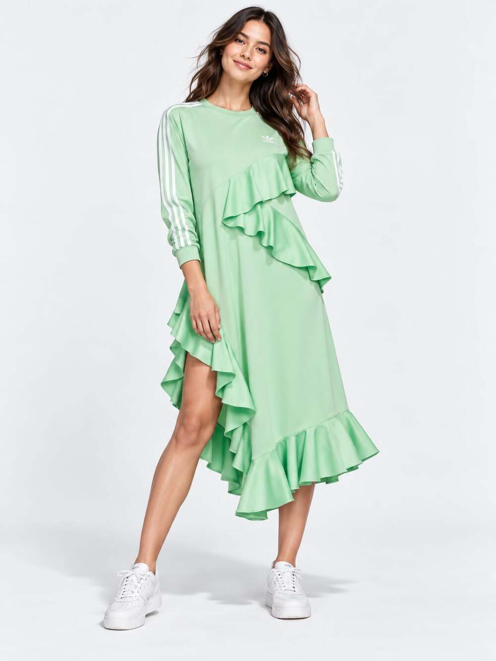 adidas Originals x J KOO Asymmetric Ruffle Dress Glory Mint FT9900 New S: Medium